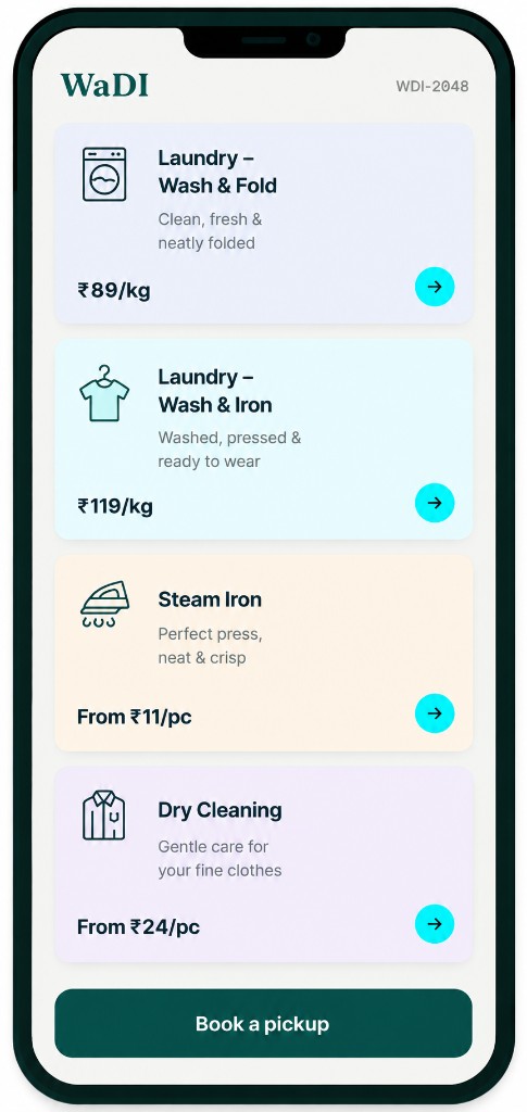WaDI Laundry mobile app home screen
